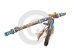 A colorful Native American six holes flute in a white background.