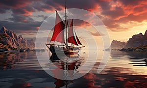 Colorful natural landscape, Viking ship under sail.