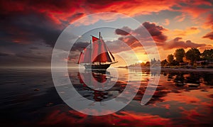 Colorful natural landscape, Viking ship under sail.