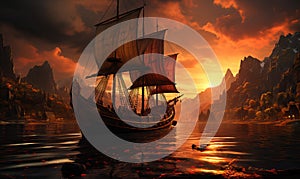 Colorful natural landscape, Viking ship under sail.