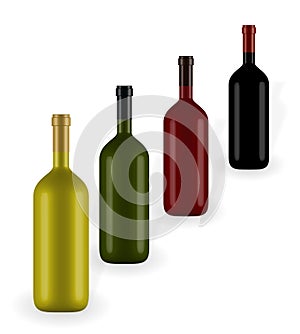 Colorful naturalistic closed 3D wine bottle of different colors without label. Vector Illustration