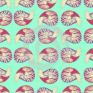 Colorful Nautilus  decorative animals seamless pattern, ashen burgundy violet and pastel blue beige color gradient, isolated on