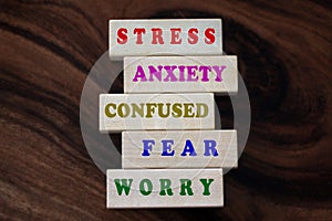 Colorful negative single word list on wooden blocks. Master your mind concept from stress, anxiety, confused, fear, and worry.