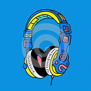 Colorful Neo-pop Headphones On Blue Background