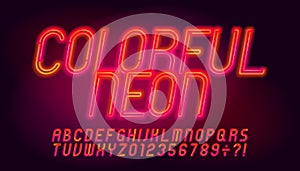 Colorful Neon alphabet font. Neon letters and numbers.