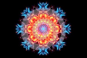 colorful neon glowing fire and ice Mandala . Spiritual on black background generative AI