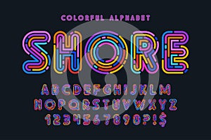 Colorful neon light alphabet, multicolor stroke style.