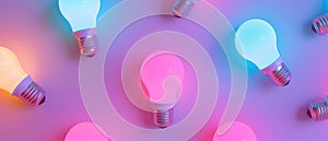 Colorful neon light bulbs banner on a gradient background, suitable for representing creativity in lighting, energy