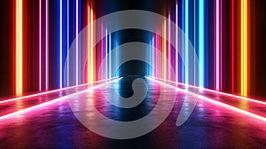 Colorful neon light tunnel with reflections, dark background