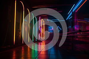 colorful neon lights on the background of the corridor in the nightclub