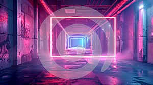 A modern corridor illuminated by colorful neon lights in a futuristic setting photo