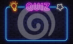 Colorful neon quiz frame with bulb and star icons, glowing pink quiz text on dark background, trivia game layout photo