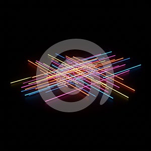 Colorful neon rods intersect in a dynamic pattern against a black background. The photo