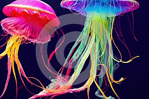 Colorful neon shining jellyfish swimming deep in blue sea. Medusa in fantasy aquatic depth space floating in motion.