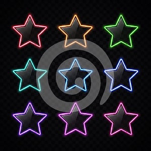 Colorful neon star badges set. Glowing banners.