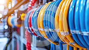 Colorful network cables organized on a rack in a server room.