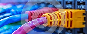 Colorful network cables plugged into a server socket