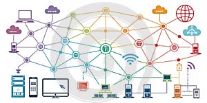 Colorful Network Diagram Cloud, Servers and Devices Connected, Networking, Connectivity