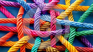 Colorful network rope integration concept for diverse team strength, unity, and empowerment.