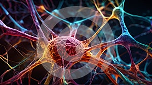 Colorful neural network illustration highlighting the complex connections and activity of brain cells