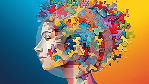 Colorful neurodiversity puzzle brain with customizable text banner and ample personalization space