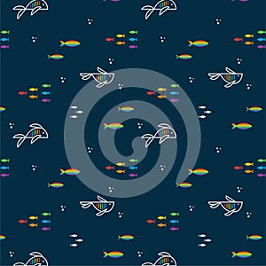 Colorful never ending pattern background with different fish and bubbles in colors of lgbt community. LGBTQI+ flat vector