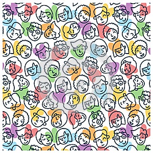 Colorful never ending pattern with smiling people faces and spots in colors of lgbt community. LGBTQI+ flat vector illustrations