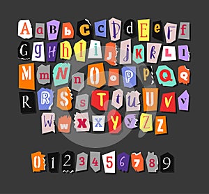 Colorful Newspaper alphabet. Hand made anonymous set. Vector Letters, numbers