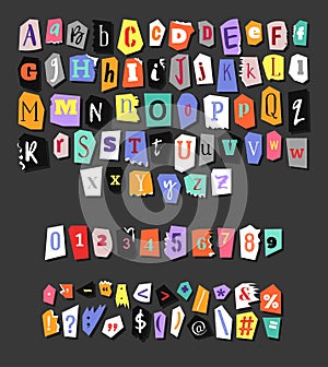 Colorful Newspaper alphabet. Hand made anonymous set. Vector Letters, numbers and punctuation marks