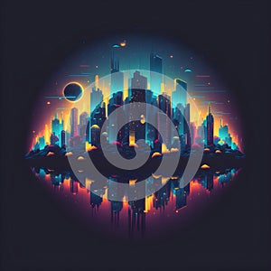 Colorful Night City Panorama Illustration. Flat Highrises and Skyscrappers. Cyber futuristic Design. Generative AI photo