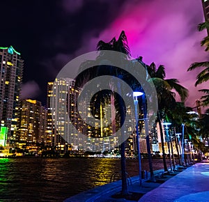 Colorful night in downtown Miami Riverwalk