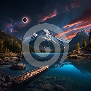 Colorful night landscape with lake, mountains, forest, stars, full moon, purple sky and clouds reflected in water