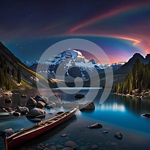 Colorful night landscape with lake, mountains, forest, stars, full moon, purple sky and clouds reflected in water