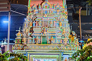 Colorful night view of indian gods sculpture at Sri Maha Mariamman Temple, also known as Maha Uma Devi temple, the public hindu t