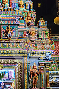 Colorful night view of indian gods sculpture at Sri Maha Mariamman Temple, also known as Maha Uma Devi temple, the public hindu t