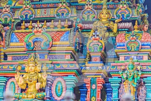 Colorful night view of indian gods sculpture at Sri Maha Mariamman Temple, also known as Maha Uma Devi temple, the public hindu t