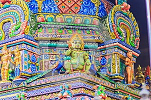 Colorful night view of indian gods sculpture at Sri Maha Mariamman Temple, also known as Maha Uma Devi temple, the public hindu t