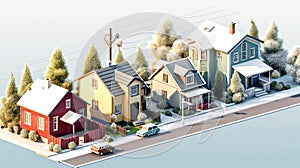 Colorful Nordic House village city in summer season holiday 3D isometric illustration flat color Generative AI