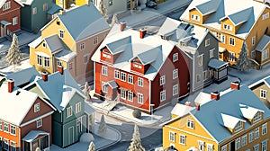 Colorful Nordic House village city in winter season holiday 3D isometric illustration flat color Generative AI