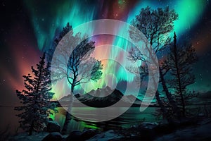 Colorful northern light illustration. Neon aurora borealis. Bright neon polar lights scenery. Generative AI