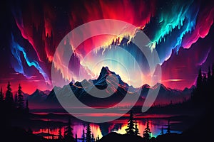 Colorful northern light illustration. Neon aurora borealis. Bright neon polar lights scenery. Generative AI