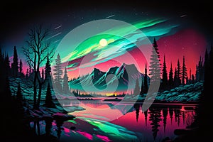 Colorful northern light illustration. Neon aurora borealis. Bright neon polar lights scenery. Generative AI