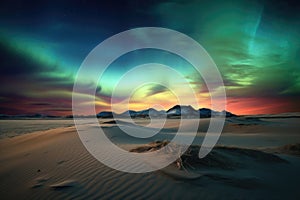 colorful northern lights above sand dunes landscape