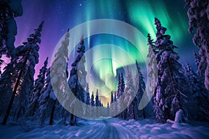 Colorful northern lights in the forest. Aurora Borealis. Beautiful winter night landscape. AI generated