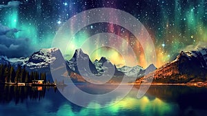 colorful northern lights in night starry sky with stars over lake and mountains. Generative AI illustration