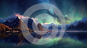 colorful northern lights in night starry sky with stars over lake and mountains. Generative AI illustration