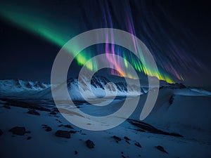 colorful northern lights over snowcapped. ai generative