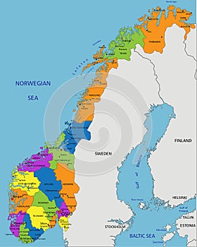 Colorful Norway political map with clearly labeled, separated layers.