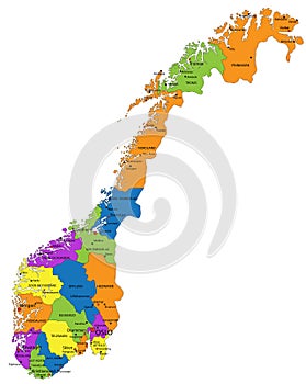 Colorful Norway political map with clearly labeled, separated layers.