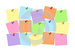 Colorful note paper attached to board with pins for memory notations, messages or tasks.